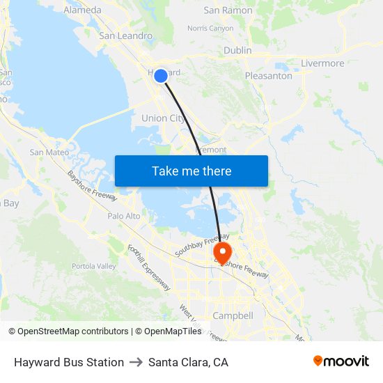 Hayward Bus Station to Santa Clara, CA map