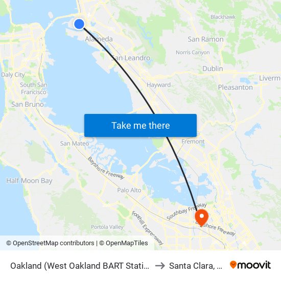 Oakland (West Oakland BART Station) to Santa Clara, CA map