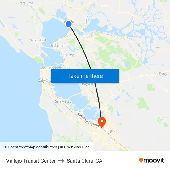 Vallejo Transit Center to Santa Clara, CA map