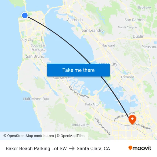 Baker Beach Parking Lot SW to Santa Clara, CA map