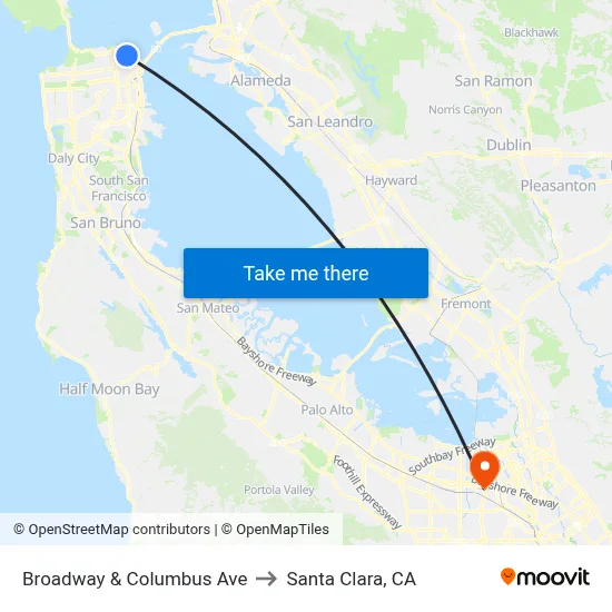 Broadway & Columbus Ave to Santa Clara, CA map