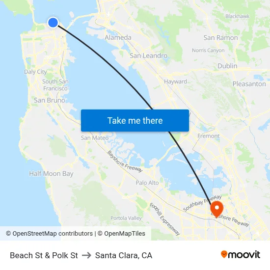 Beach St & Polk St to Santa Clara, CA map