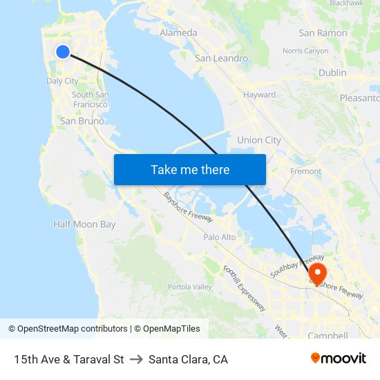 15th Ave & Taraval St to Santa Clara, CA map