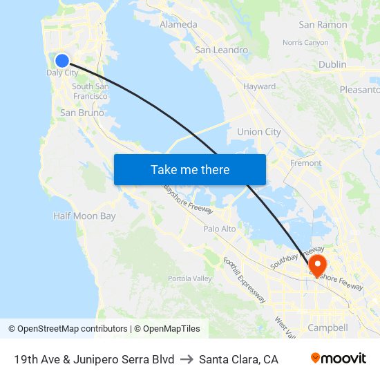 19th Ave & Junipero Serra Blvd to Santa Clara, CA map
