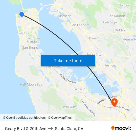 Geary Blvd & 20th Ave to Santa Clara, CA map