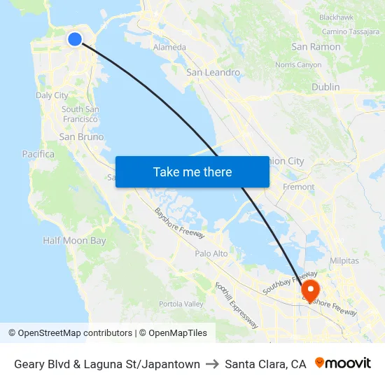 Geary Blvd & Laguna St/Japantown to Santa Clara, CA map