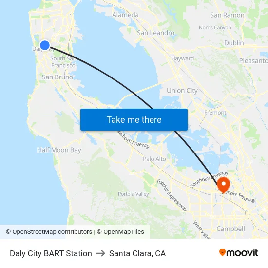 Daly City BART Station to Santa Clara, CA map