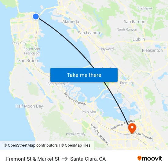 Fremont St & Market St to Santa Clara, CA map
