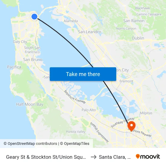 Geary St & Stockton St/Union Square to Santa Clara, CA map