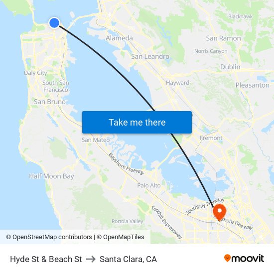 Hyde St & Beach St to Santa Clara, CA map