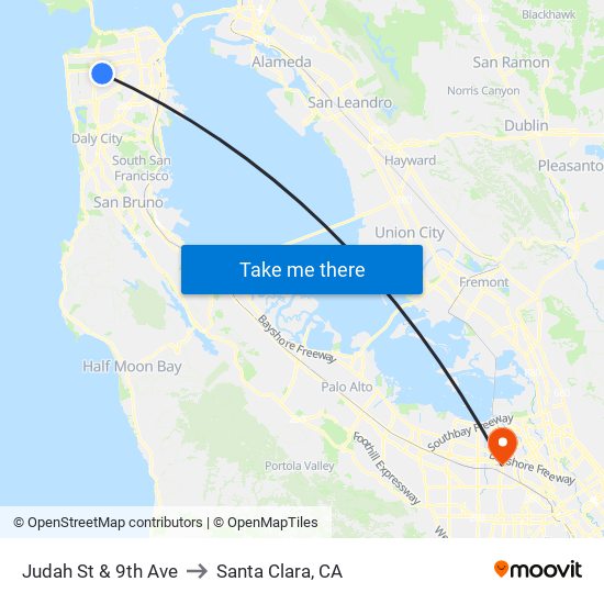 Judah St & 9th Ave to Santa Clara, CA map