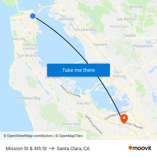 Mission St & 4th St to Santa Clara, CA map