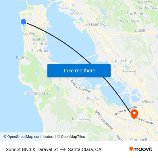 Sunset Blvd & Taraval St to Santa Clara, CA map