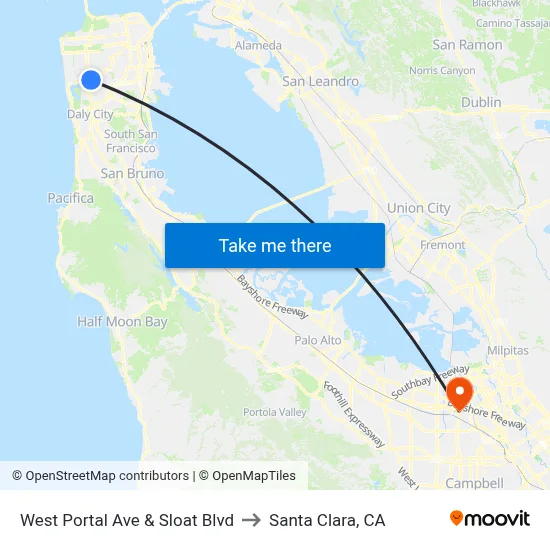 West Portal Ave & Sloat Blvd to Santa Clara, CA map