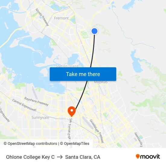 Ohlone College Key C to Santa Clara, CA map