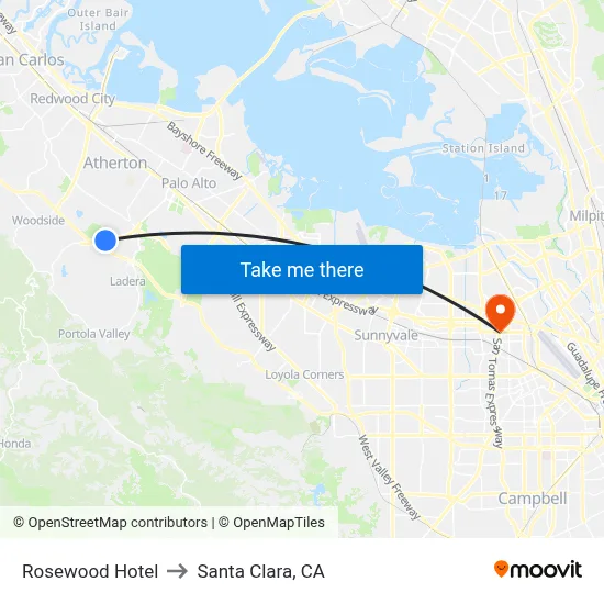 Rosewood Hotel to Santa Clara, CA map