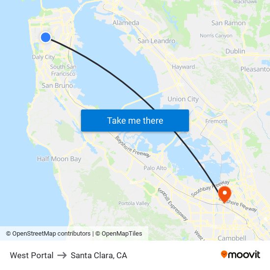 West Portal to Santa Clara, CA map