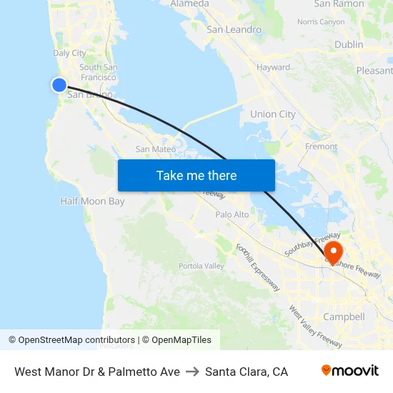 West Manor Dr & Palmetto Ave to Santa Clara, CA map