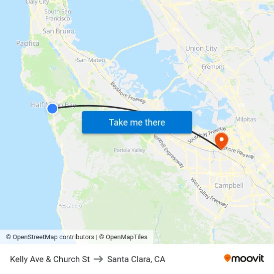 Kelly Ave & Church St to Santa Clara, CA map