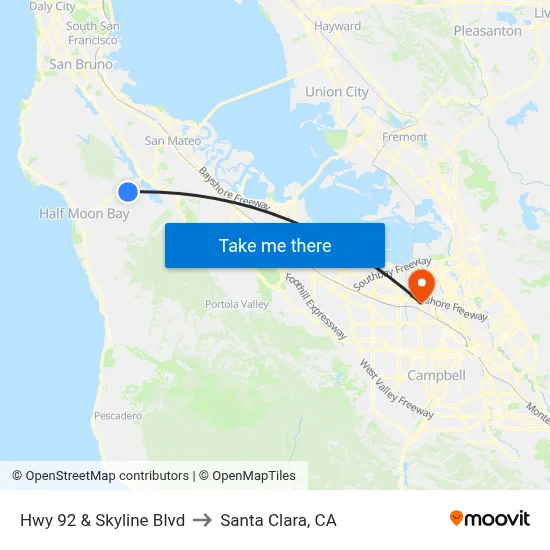 Hwy 92  & Skyline Blvd to Santa Clara, CA map