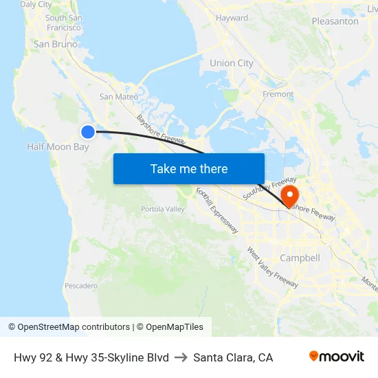 Hwy 92 & Hwy 35-Skyline Blvd to Santa Clara, CA map
