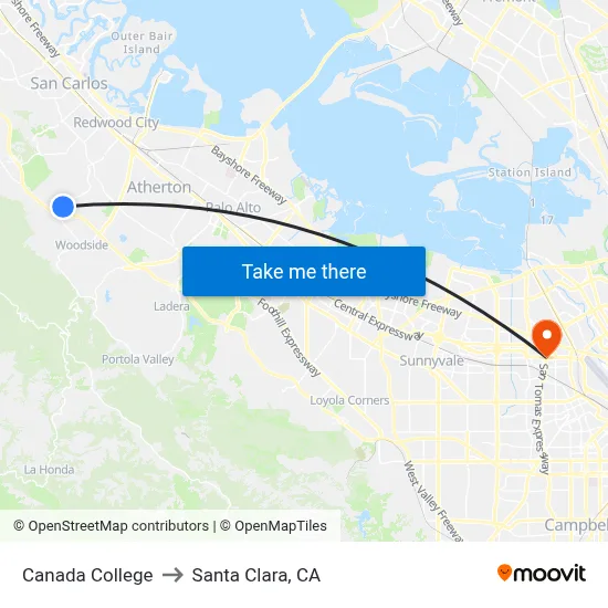 Canada College to Santa Clara, CA map