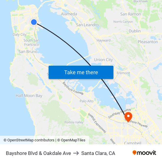 Bayshore Blvd & Oakdale Ave to Santa Clara, CA map