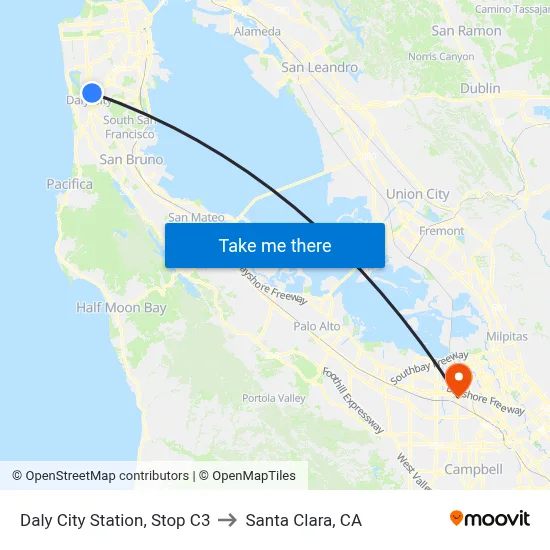 Daly City Station, Stop C3 to Santa Clara, CA map