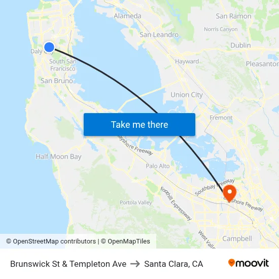 Brunswick St & Templeton Ave to Santa Clara, CA map