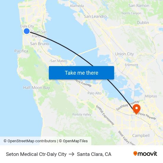 Seton Medical Ctr-Daly City to Santa Clara, CA map