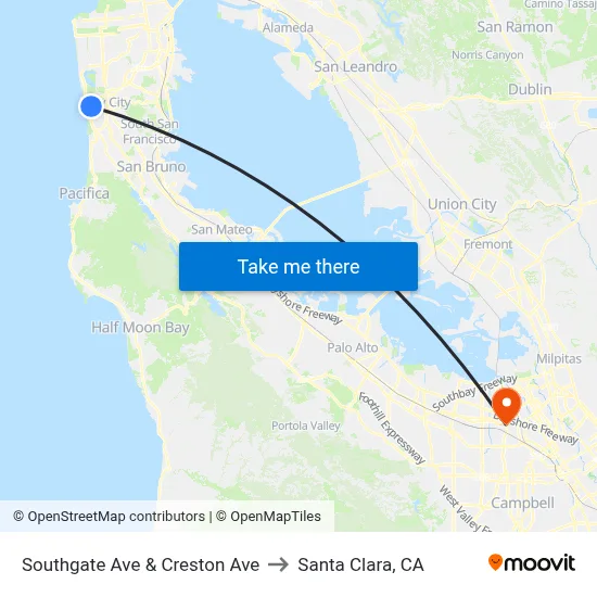 Southgate Ave & Creston Ave to Santa Clara, CA map