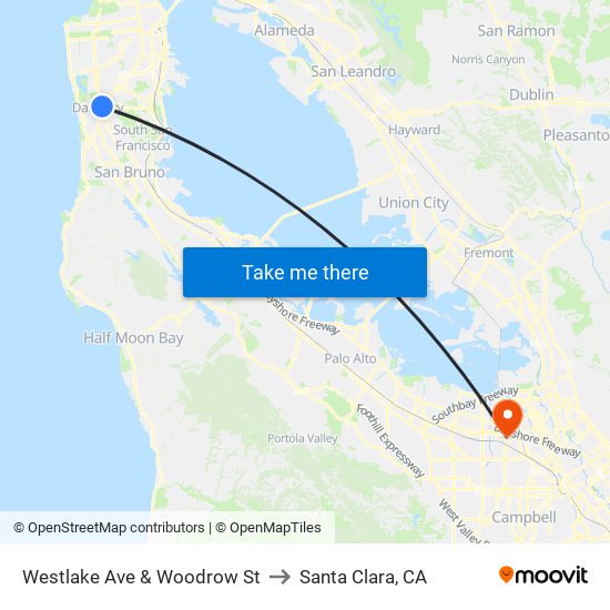 Westlake Ave & Woodrow St to Santa Clara, CA map