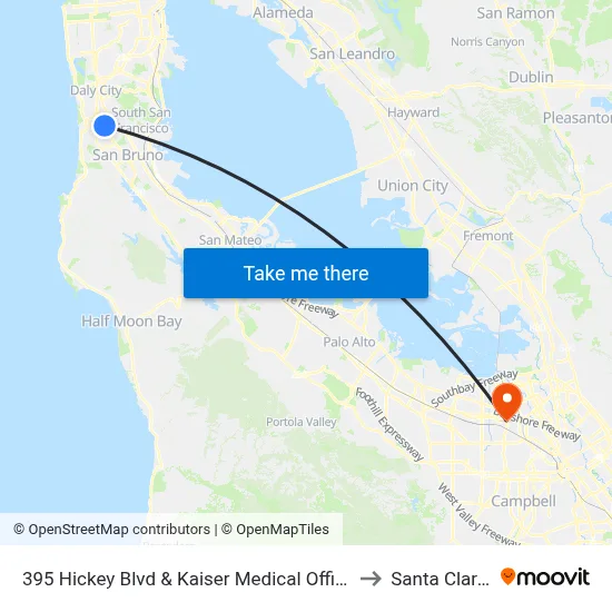 395 Hickey Blvd & Kaiser Medical Offices Driveway to Santa Clara, CA map