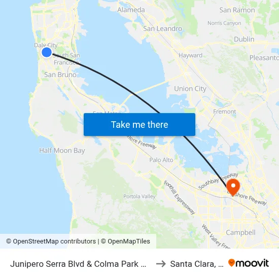 Junipero Serra Blvd & Colma Park N Ride to Santa Clara, CA map
