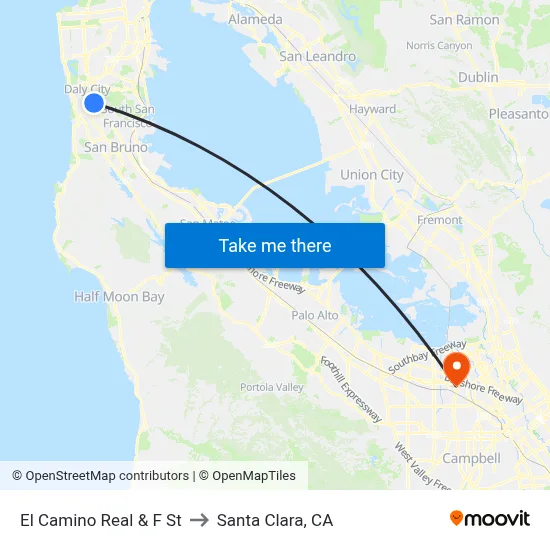 El Camino Real & F St to Santa Clara, CA map