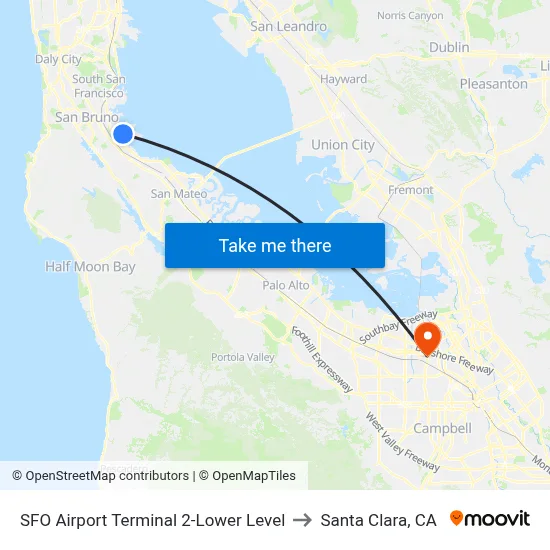 SFO Airport Terminal 2-Lower Level to Santa Clara, CA map