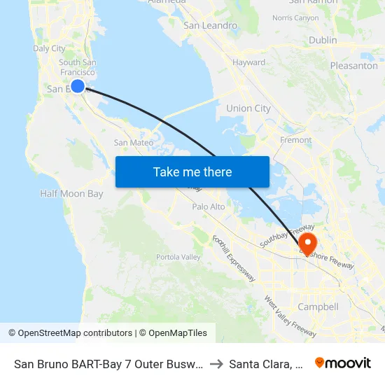 San Bruno BART-Bay 7 Outer Busway to Santa Clara, CA map
