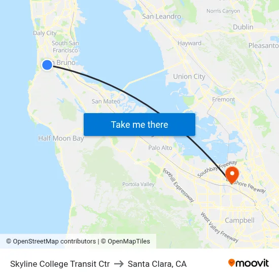 Skyline College Transit Ctr to Santa Clara, CA map