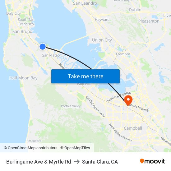 Burlingame Ave & Myrtle Rd to Santa Clara, CA map