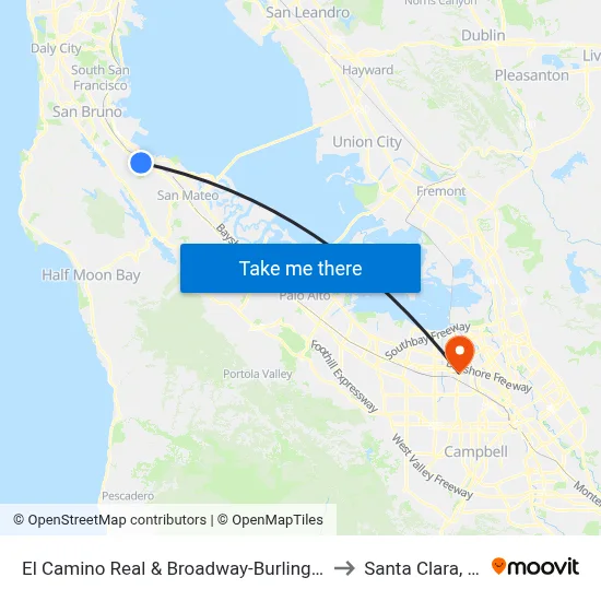El Camino Real & Broadway-Burlingame to Santa Clara, CA map