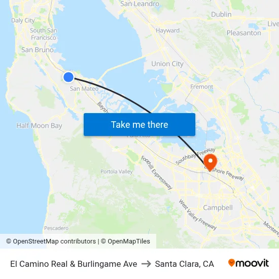El Camino Real & Burlingame Ave to Santa Clara, CA map