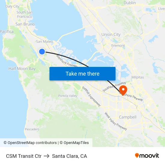 CSM Transit Ctr to Santa Clara, CA map