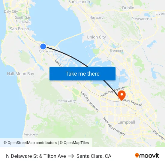 N Delaware St & Tilton Ave to Santa Clara, CA map