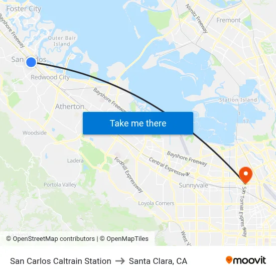 San Carlos Caltrain Station to Santa Clara, CA map