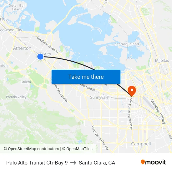 Palo Alto Transit Ctr-Bay 9 to Santa Clara, CA map