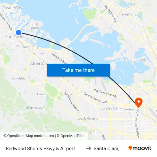 Redwood Shores Pkwy & Airport Way to Santa Clara, CA map