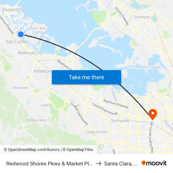 Redwood Shores Pkwy & Market Place to Santa Clara, CA map