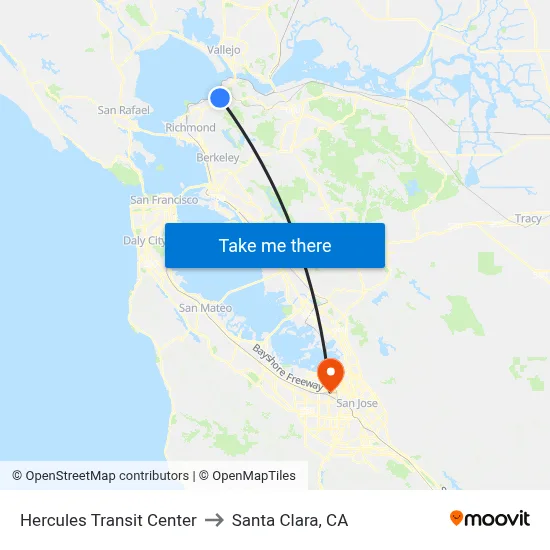 Hercules Transit Center to Santa Clara, CA map