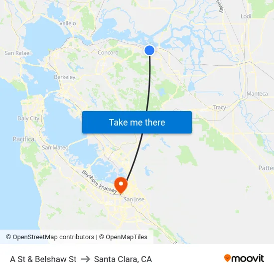 A St & Belshaw St to Santa Clara, CA map