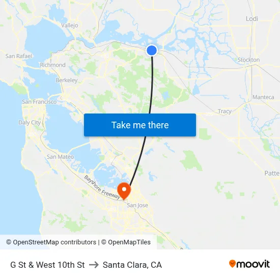 G St & West 10th St to Santa Clara, CA map